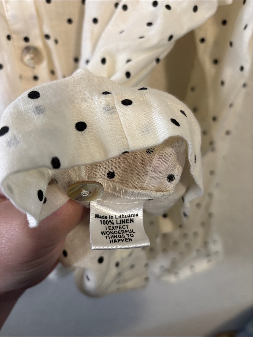 Flax Linen Cream Button-Front Polka Dot Ruffle Neck Blouse - Picture 5 of 8